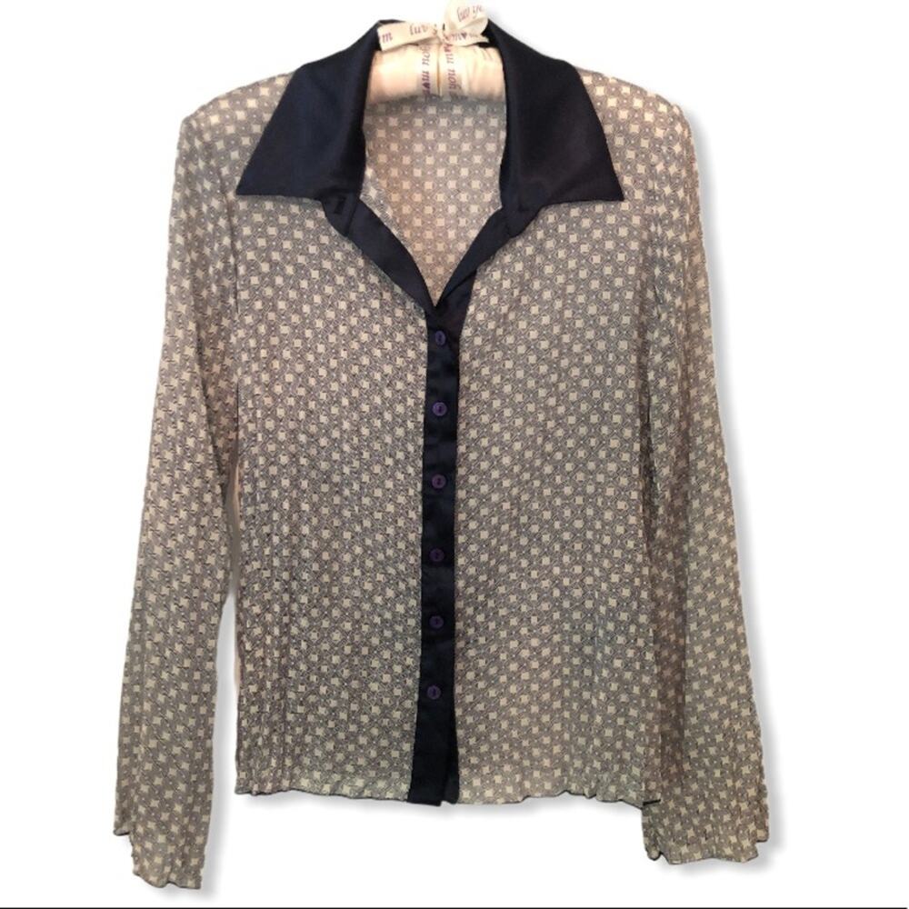 Papaya Blue Medallion Plisse Print Button Front Sheer Blouse Small